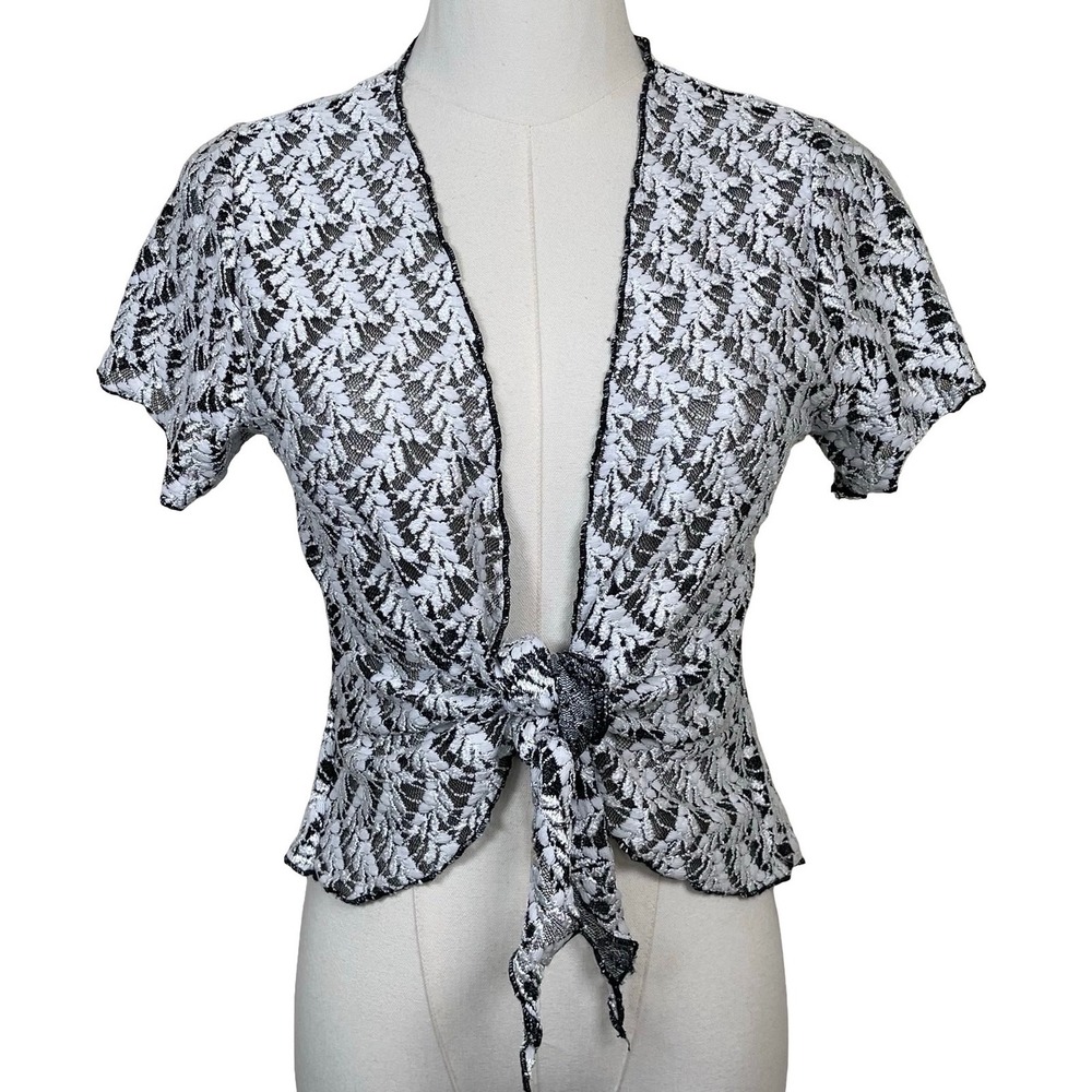 Vintage Crazy Fish Lace Tie Front Top Womens S White Black Floral Crochet Y2K